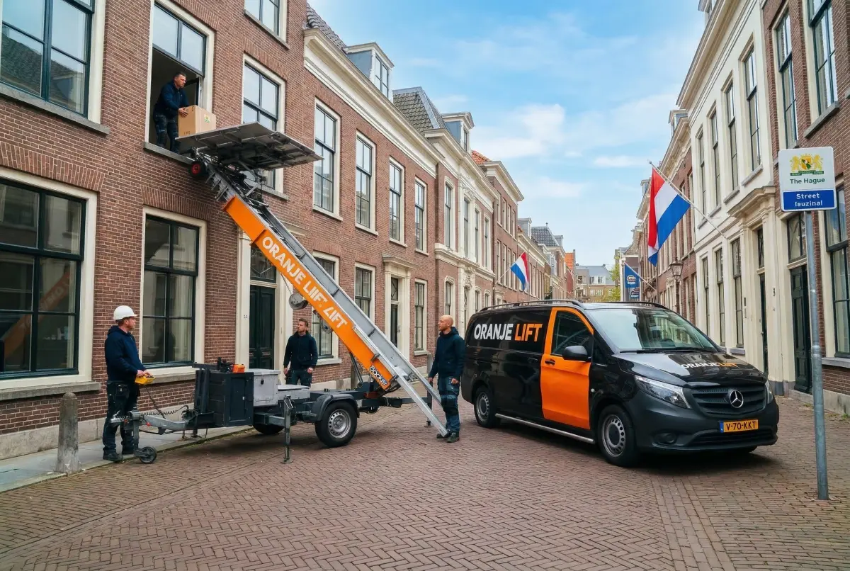 Ladderlift in actie bij appartement Nederland